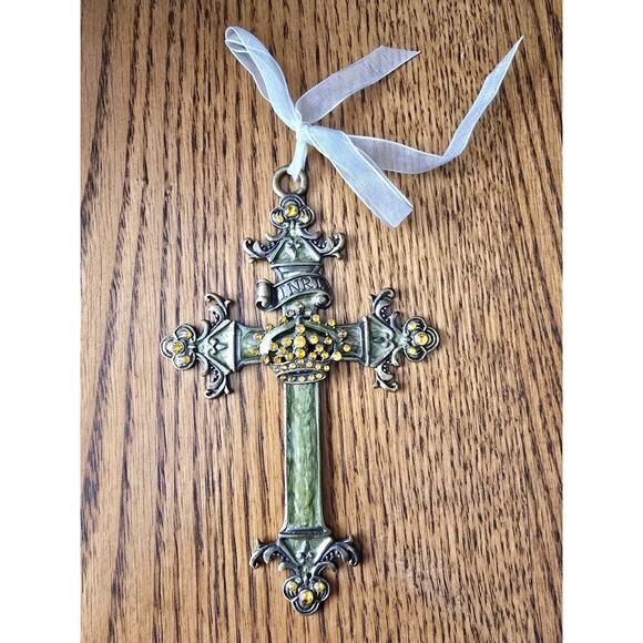 Decorative Cross Ornament Green W/ Crown & Gold Rhinestones - Picture 1 of 5